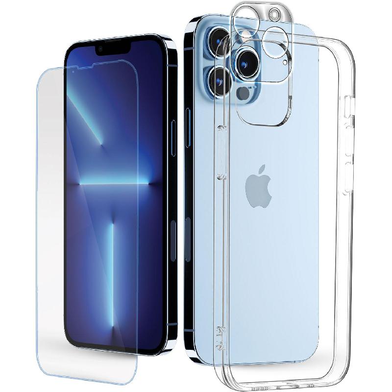 3-in-1 Hard Case + Tempered Glass + Camera Lens Protector Smartphone Case Bundle, for iPhone 13 Pro, Clear