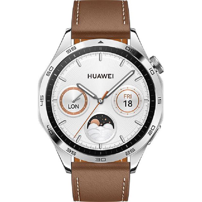 Huawei Watch GT 4 46 Smartwatch, GPS, 1.43", Silver Stainless Steel Case, Brown Leather Strap — 2