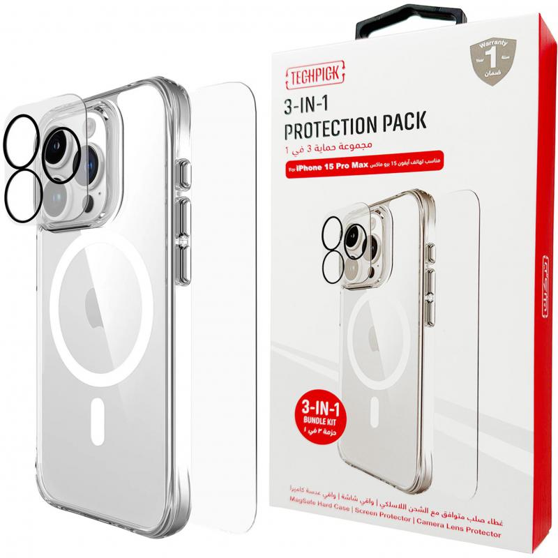 3-in-1 Protection Pack MagSafe Hard Case + Tempered Glass + Camera Lens Protector Smartphone Case Bundle, for iPhone 15 Pro Max, Clear
